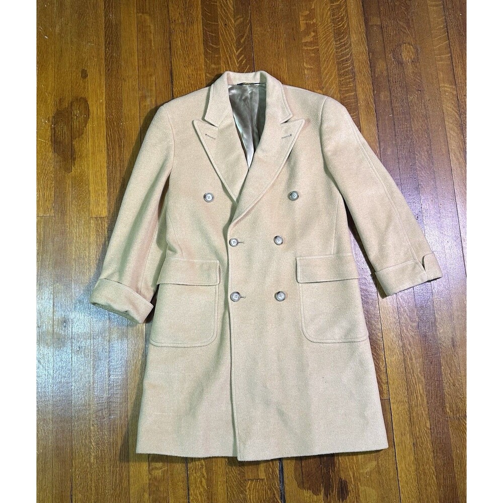 Brooks Brothers Overcoat 38S Tan Camel Hair Double Breasted Polo Coat Vintage